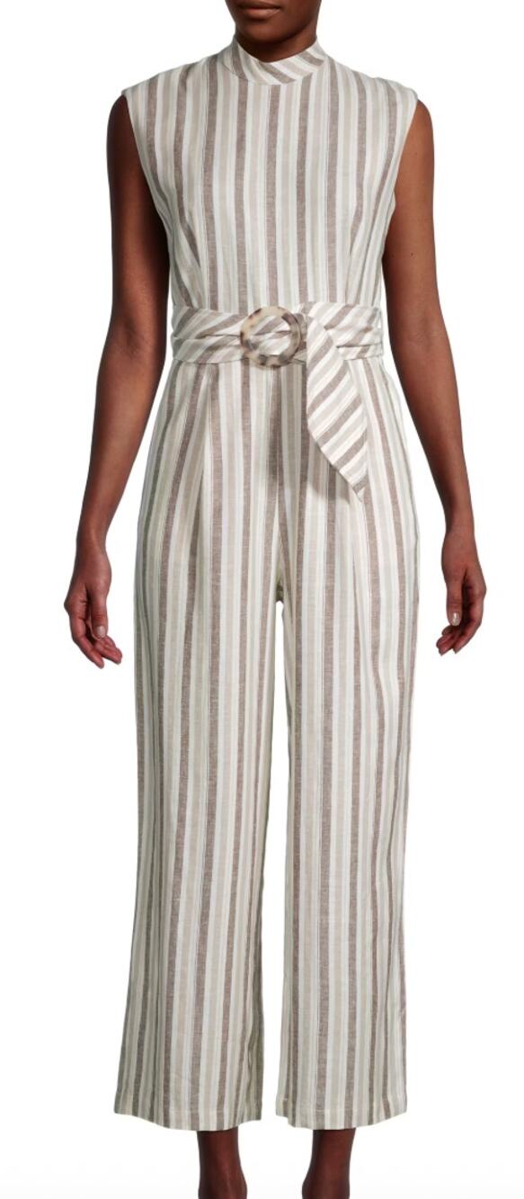 Calvin Klein White Beige Mock Neck Pinstripe Linen Blend Cropped Jumpsuit sz 12